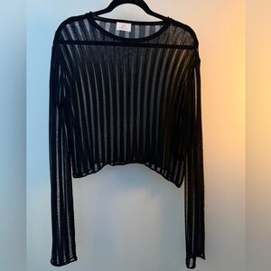 Bobbles & Lace - Sheer Striped Long-Sleeve Crop Top - Black